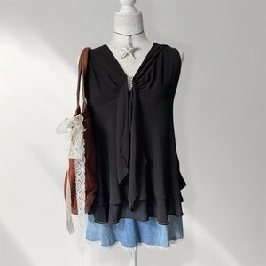 Vintage 90s Black Flowy Babydoll Fairy Whimsy Goth Going Out Tank Top 14